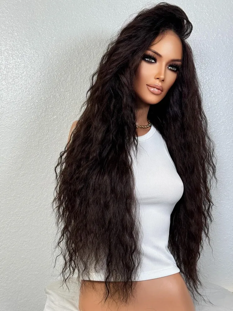 Peruca ondulada marrom escuro de 28 polegadas |   Peruca frontal de renda suíça PremiumBlend