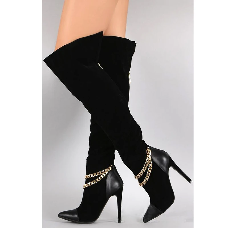 Fashion Double Gold Chains Thigh Boots Suede Patchwork Boots Women Thin High Heels Pointed Toe Over The Knee Knight Boots