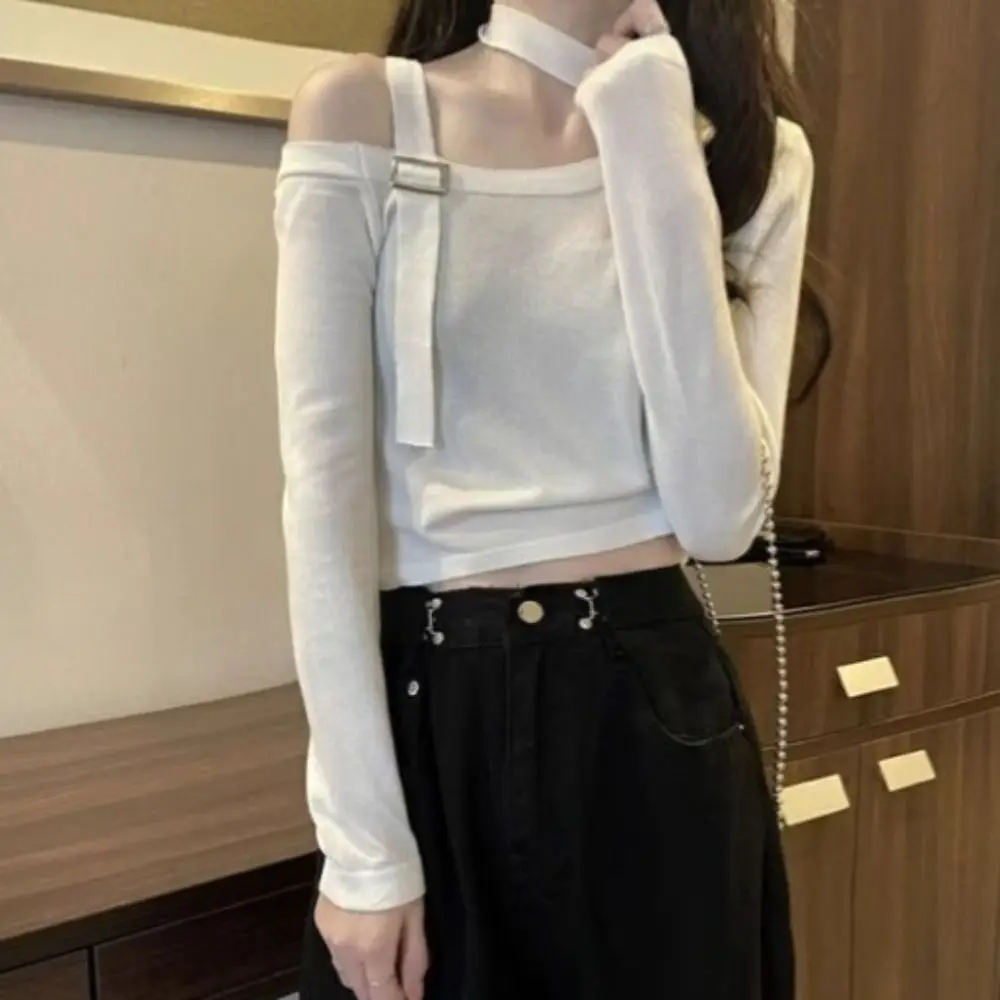 

Stylish Belt Long Sleeve Halter T-shirt Irregular Neck Hanging Slim Fit Pullover Off Shoulder Chic Y2k Crop Tops Spring