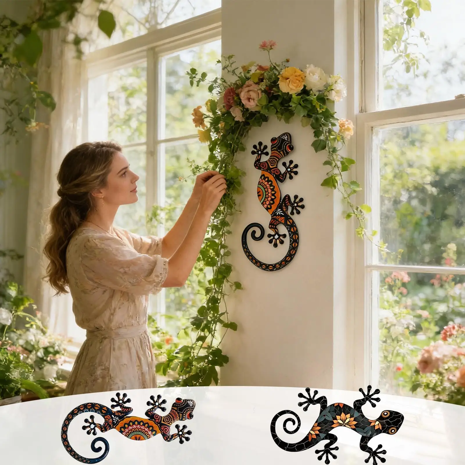 Metal Gecko 2 Pieces Patio Lizard Wall Decorations Gecko Sculpture Decor for Garden Patio Balcony Yard Fence Indoor Living Room
