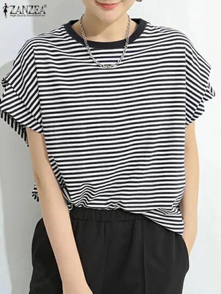 Zanzea Harajuku Zomer Strepen Blouse Vrouwen Dubbele Laag Korte Mouw Blusas 2024 Koreaanse Tops Mode Casual Ronde Hals Shirts