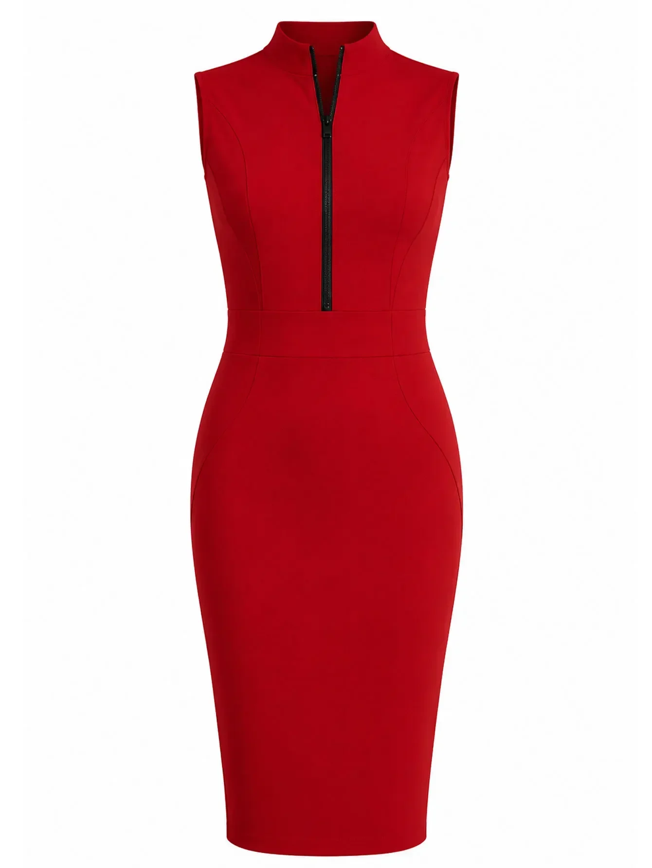 Damen Ärmelloses Kleid mit Stehkragen, halbem Reißverschluss vorne, schmaler Passform, Patchwork-Design, A-Linie, Business-Casual, Bleistift-Bodycon-Kleid – Detail 3