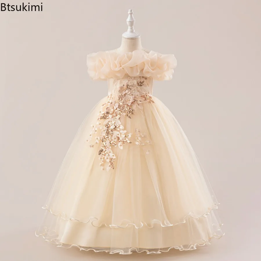 Teen Girls' Lace Flower Party Dress Girl Wedding Bridesmaid Prom Gown Kids Floral Embroidery Long Dresses Children Birthday Wear