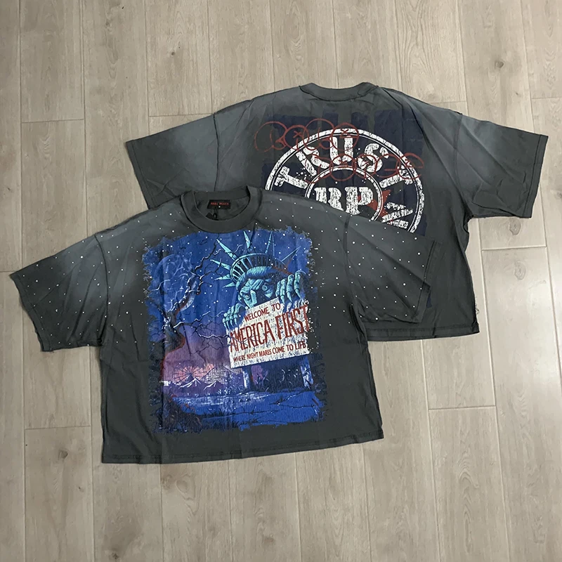RARE PEACE T-Shirt American Trendy Print Rhinestone Gradient Washed Short Sleeve Streetwear Oversized Fashion Top Men