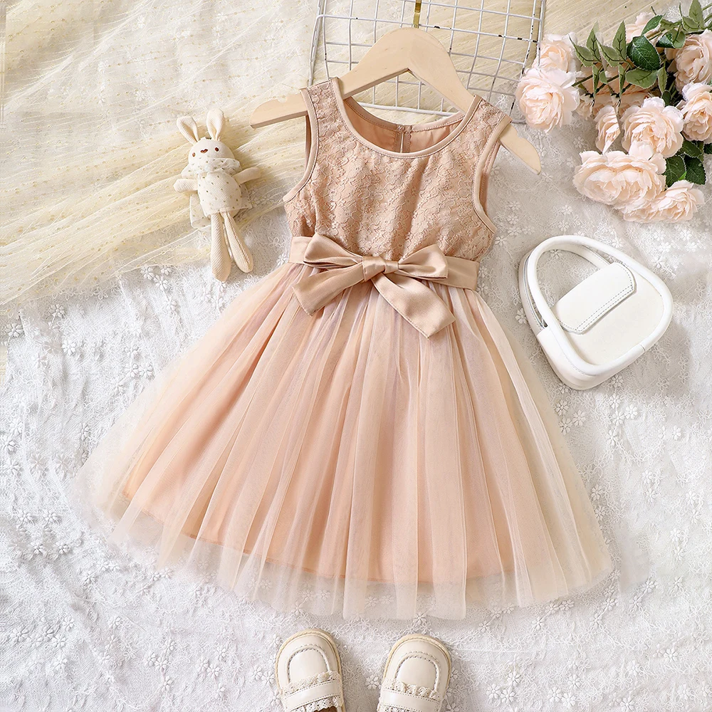 Summer New Sleeveless Tank Top Apricot Bow Spliced Mesh Solid Color Dress For Primary And Secondary School Girls