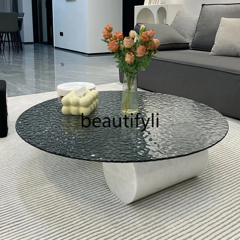 

Italian minimalist modern water ripple round coffee table tempered glass marble light luxury