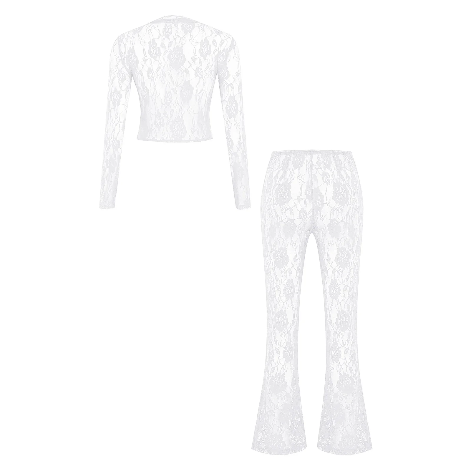 Womens Two Pieces See Through Floral Lace Cover-up Outfit V Neck Cardigan Flared Pants Suits  for Party Evening Nightclub Sets