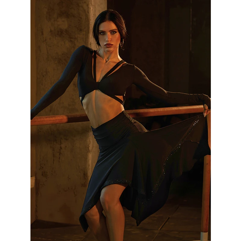 ZYM Latin Dance Clothes Women Sexy Short Tops Slit Leopard Skirt Cha Cha Rumba Performance Costume Adult Latin Dress DNV25538