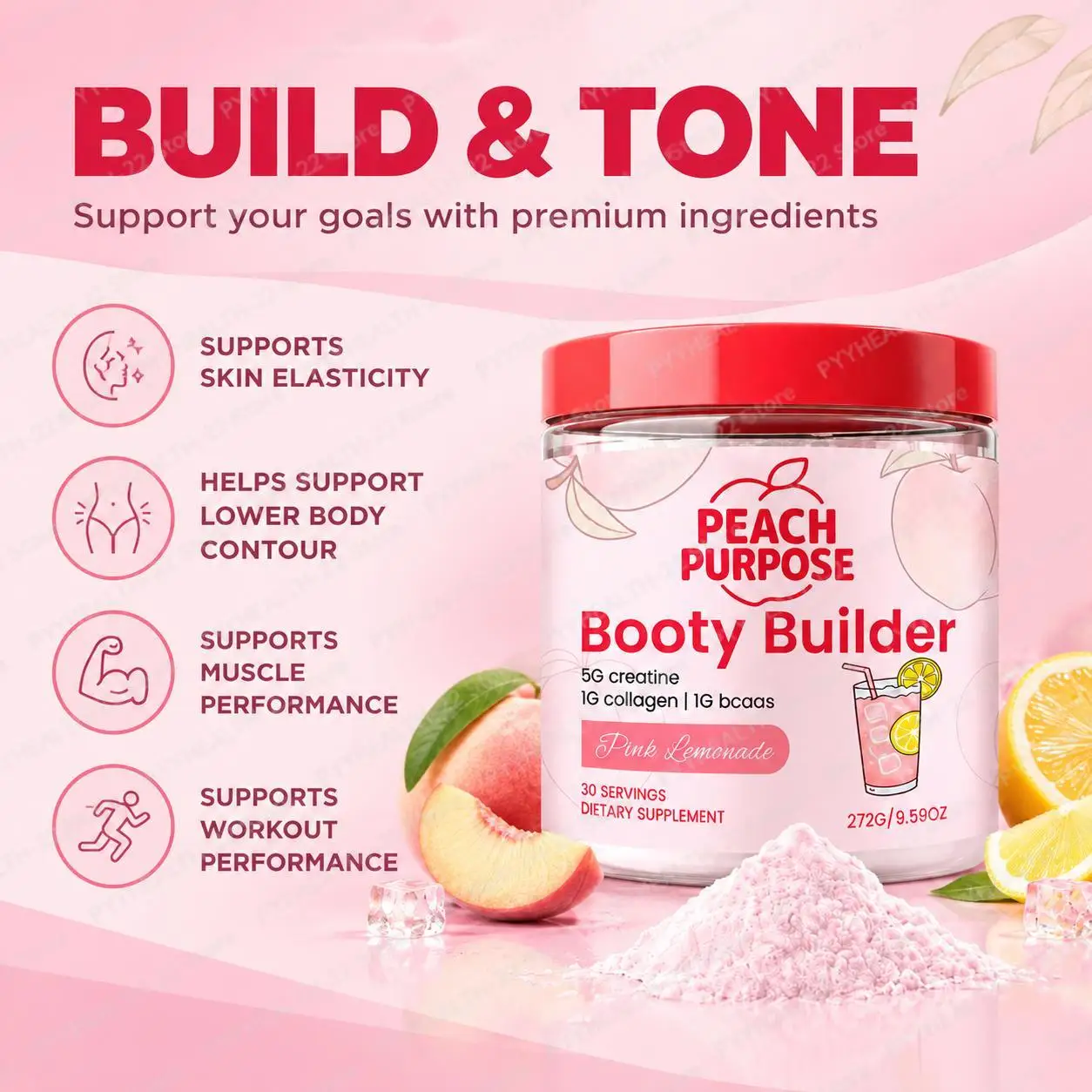 Peach Purpose Booty Builder Powder, Pink Lemonade Flavor with Collagen Peptides, BCAA & Creatine Monohydrate, Performance, 272g