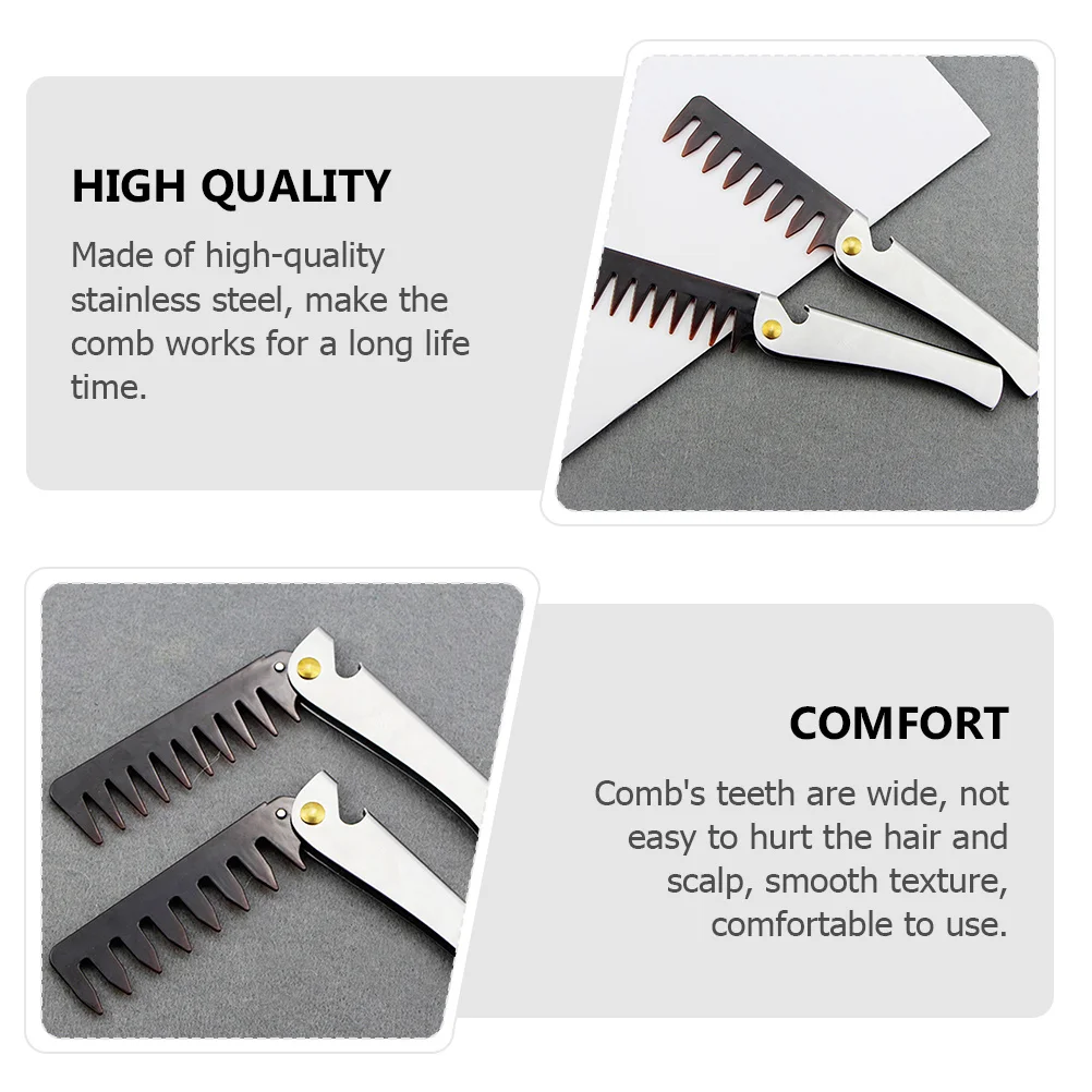 

2Pcs Folding Oil Hair Comb Stainless Steel Portable Wide Teeth Compact Beard Brush Hair Styling Men Use Folding Comb