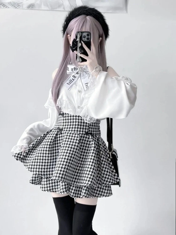 

Japanese Sweet Preppy Style Cake Skirt Sets Women Casual Lace Long Sleeve Shirts + High Waist Plaid Mini Skirt 2 Piece Set New
