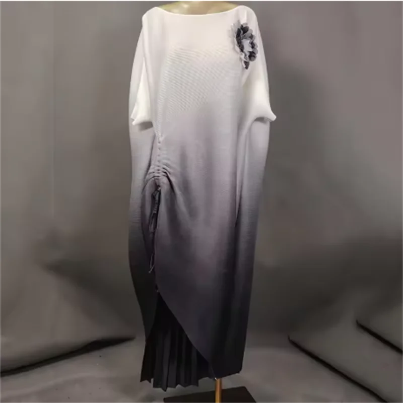 Miyake Pleated Design Women 2 Piece Set Gradient Drawstring 3D Floral Spliced Long Dress Fashion 2025 Autumn New Clothing