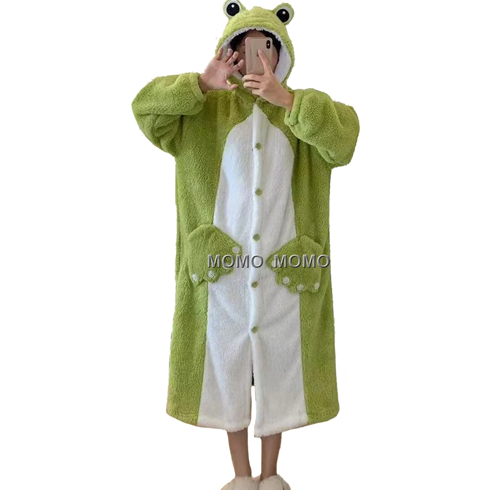

Kawaii Green Frog Costume Cartoon Hooded Flannel Winter Nightgowns For Women Warm Coral Fleece Nightdress Animal Cosplay Pajamas