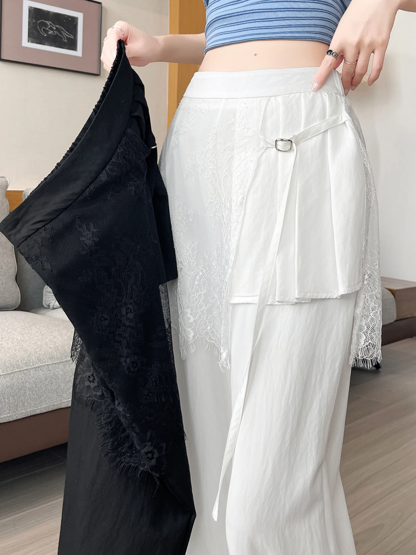 

Ice Silk Wide Leg Pants Women Summer Thin High Waist Slim Loose Straight Drapey Floor-Length Lace Curtain Casual Trousers