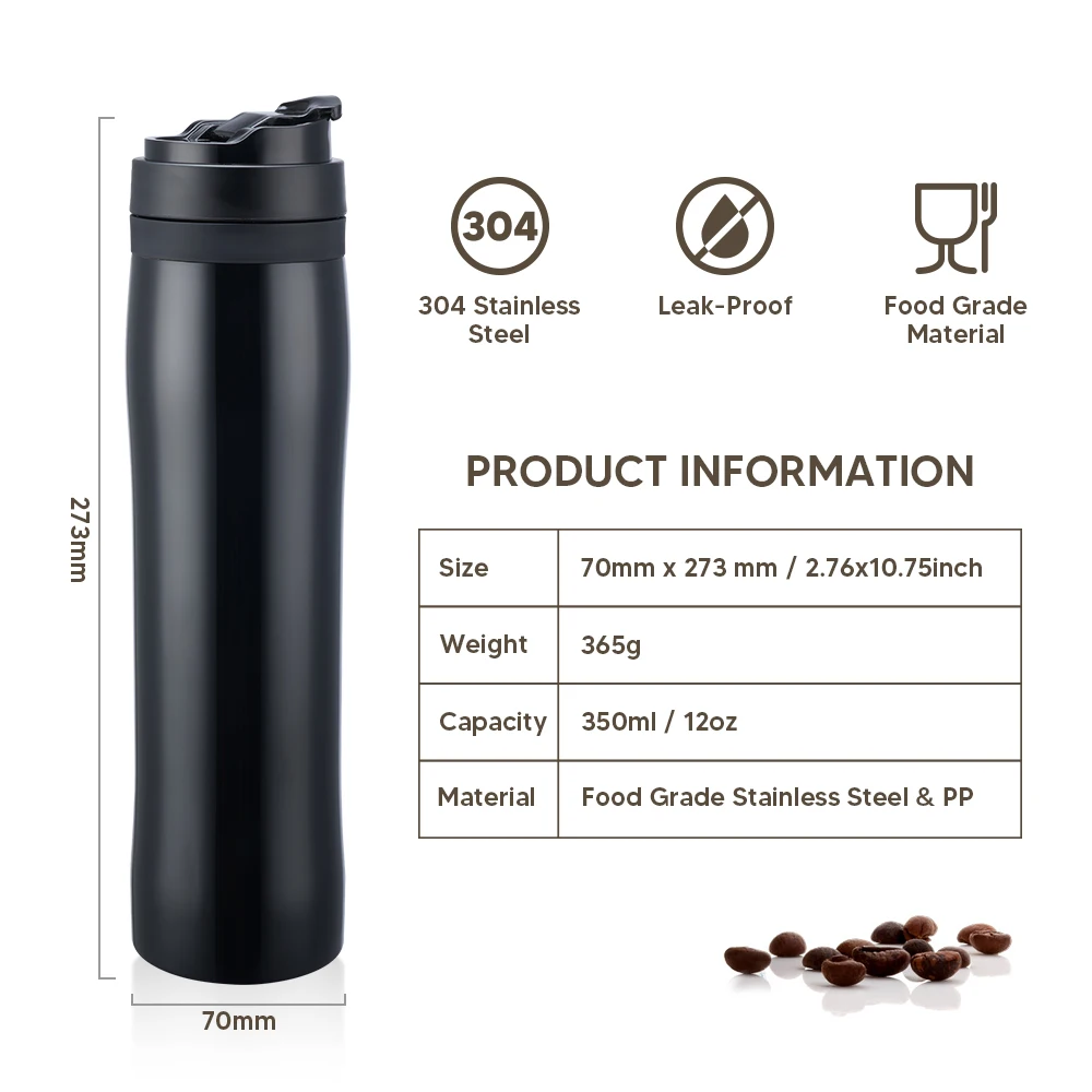 Máquina de café de aço inoxidável ICafilas, filtro do êmbolo do café, parede dupla, caneca fria e quente, produto comestível, 350ml