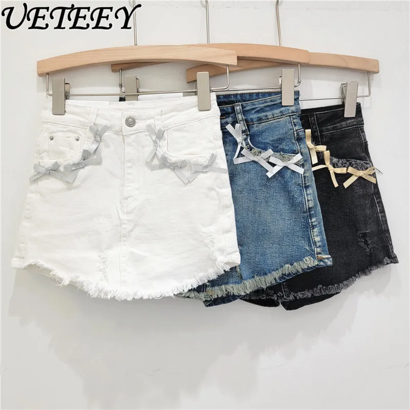 

Korean Style Three-Dimensional Bow Decoration A- Line Skirt Women Stretch Slim-Fit Sheath Denim Skirt Summer New Short Skirts