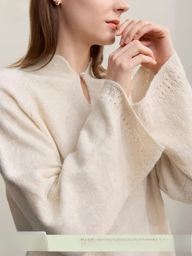 

Новинка весенней коллекции: Женский свободный вязаный свитер с воротником-стойкой, шерстяной, с одним вырезом, средней длины, с длинными рукавами