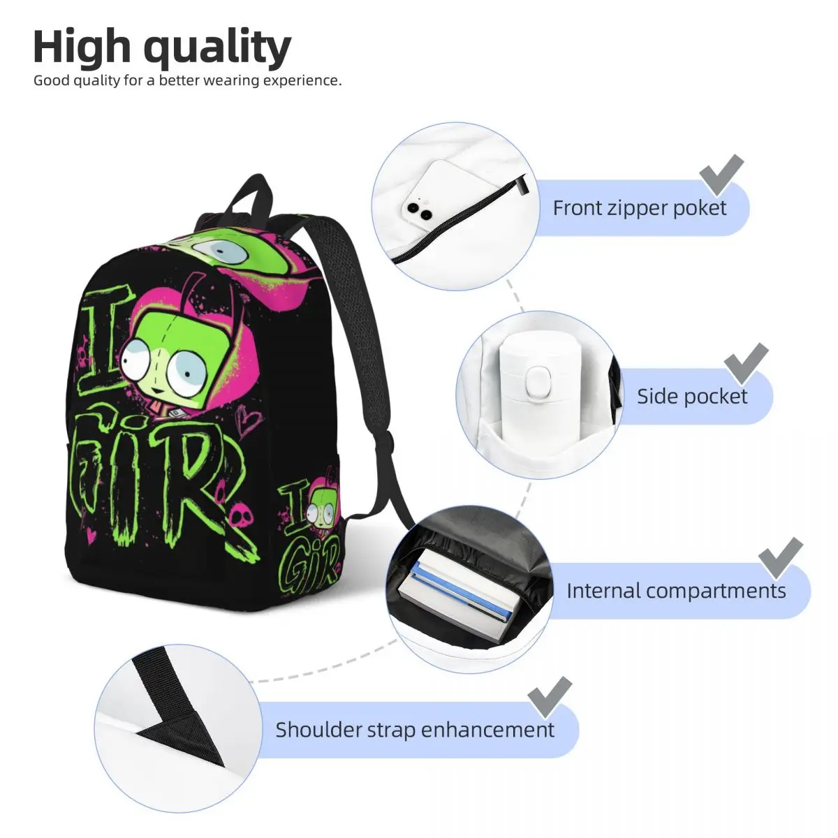 Invader Zim Valentine\'s Day Backpack for Men Women High School Hiking Travel Daypack I Love GIR Retro Pop Laptop Canvas Bag Gift