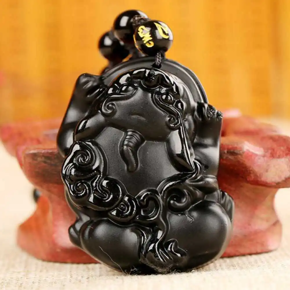 

Natural Obsidian Carved Pi Xiu Lucky Amulet Pendant Energy Pendants Dragon Stainless Jewelry Craft Gemstone Clavicle Gold