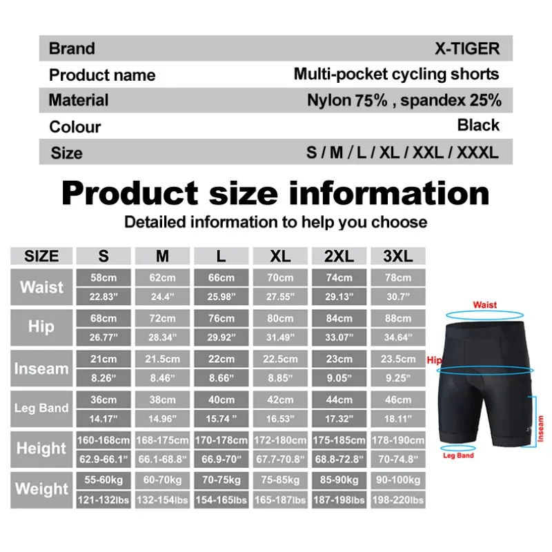 X-TIGER 2024 New Cycling Shorts 5D Padded Anti-Slip Leg with Back Pocket Breathable Quick Dry Mountain Road Man Bicycle Shorts