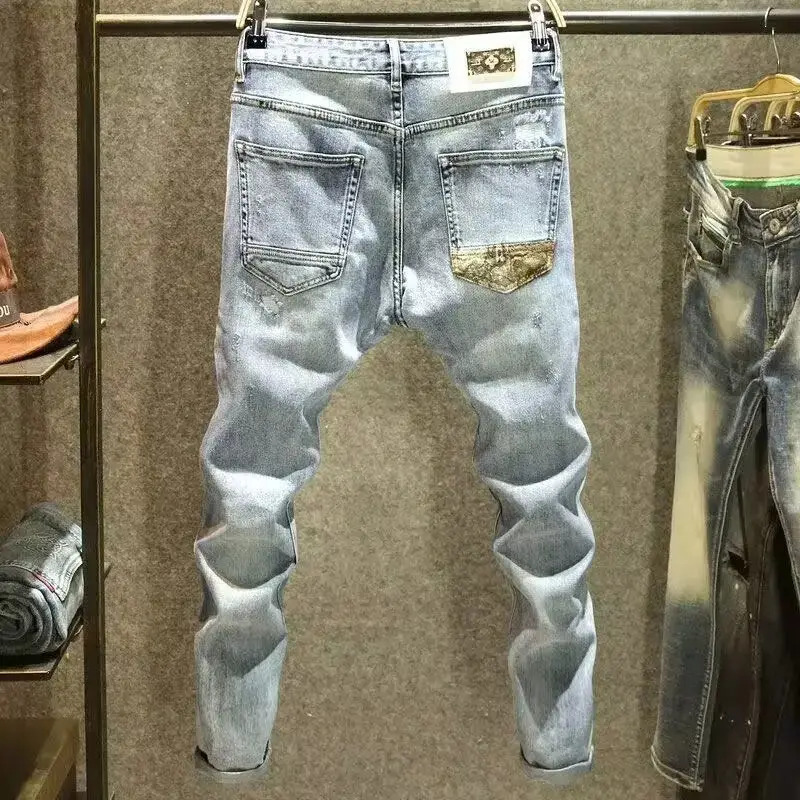 Korean Men's Clothing Workwear Block Patchwork Men's Stretch Jeans Bear Patch Designer Spring Autumn Casual Style Men's Trousers