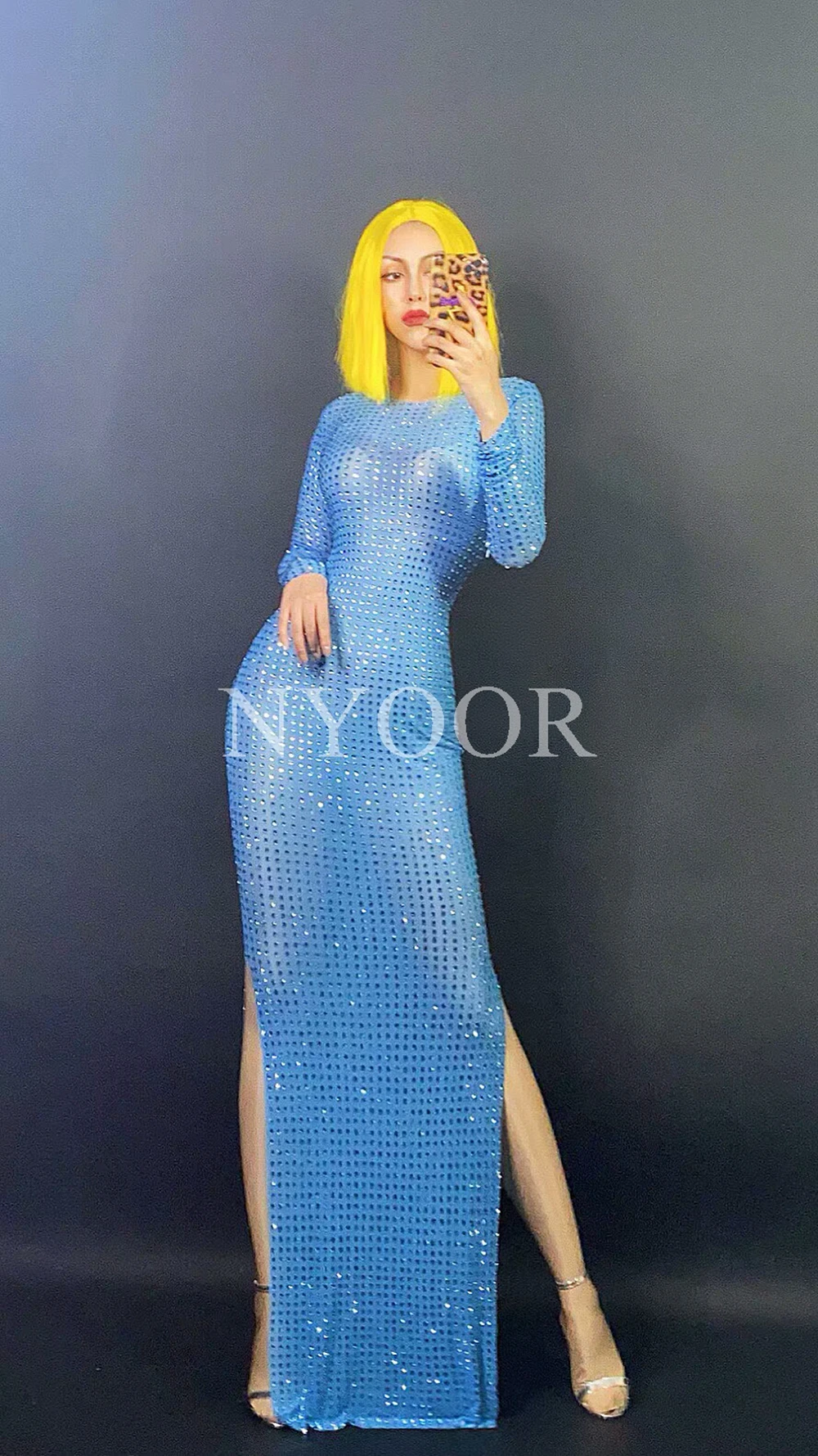 Shining Rhinestone Bodycon Long Dress Lady Prom Evening Outfit Bar Singer See Through Mesh Dress Party Birthday Dresses