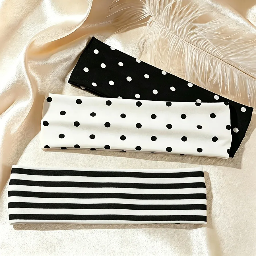 3 piece in ms elastic hair band, wave point and stripe printed, daily wear, sports, travel, back to school season,Christmas gift