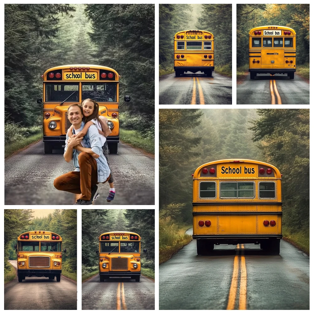 

Yellow School Bus Background for Kid Photography Forest Highway Backdrop Student Graduation Back to School Photo Studio Supplies