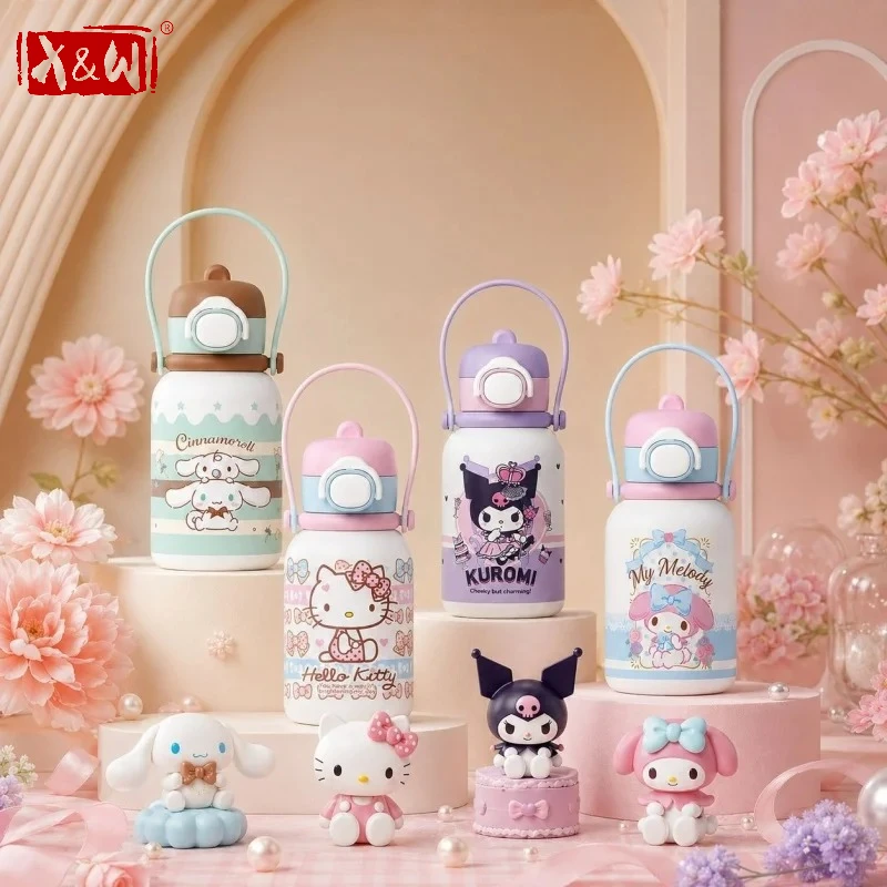 X&W Sanrio 570ml Insulated Cup Cartoon Hello Kitty Cute Straw Cup for Kid Portable Outdoor Leakproof Dual Drink Ice Tumbler Gift