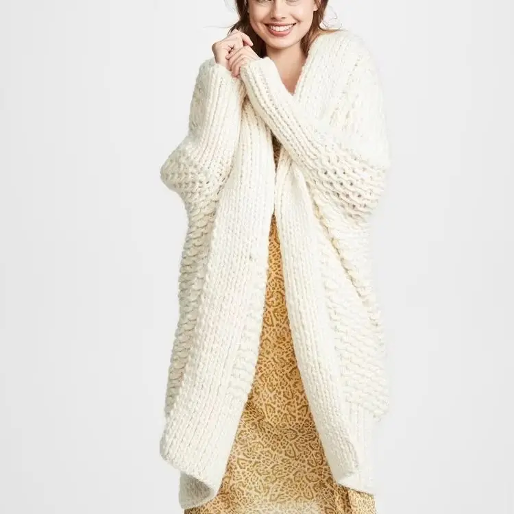 

womens Handmade custom 100% Merino wool women's elegant long loose needle sweater pullover jacket coat