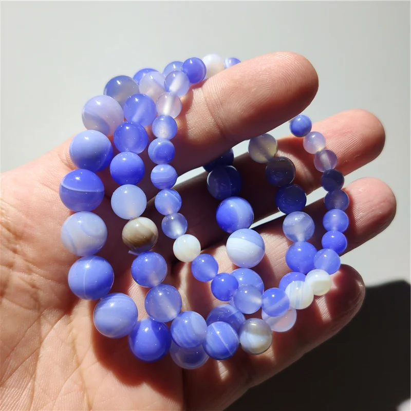 

Natural Silk Blue Pattern Agate Bracelet Blue Chalcedony Bracelet For Men And Women Student BFF Couple Single Circle Crystal