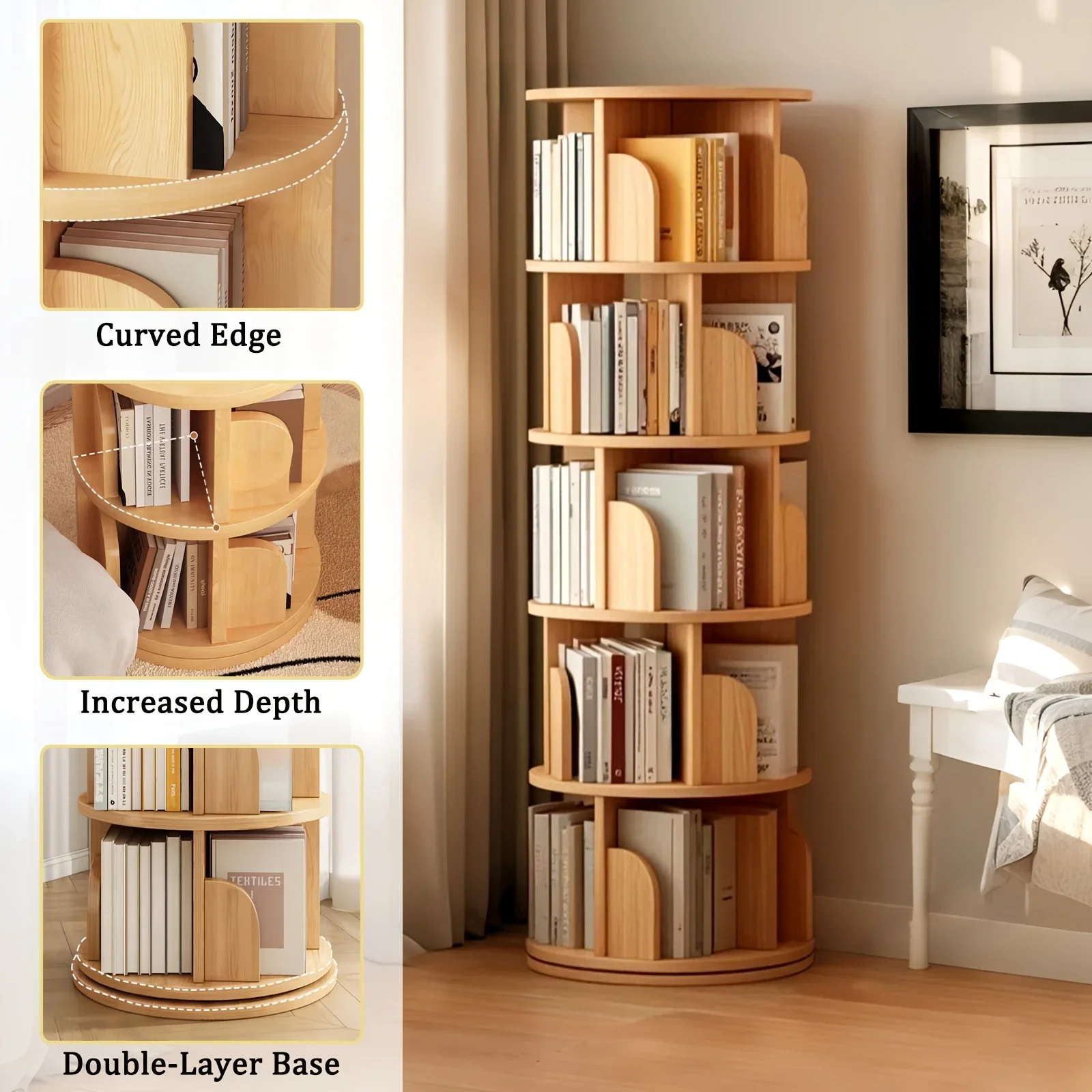 5-Tier Rotating Bookshelf, 360-Degree Display Round Spinning Bookshelf, Space-Saving, Small Space Rotating Bookshelf Tower for Bedroom, Living Room, Home, Office, Walnut