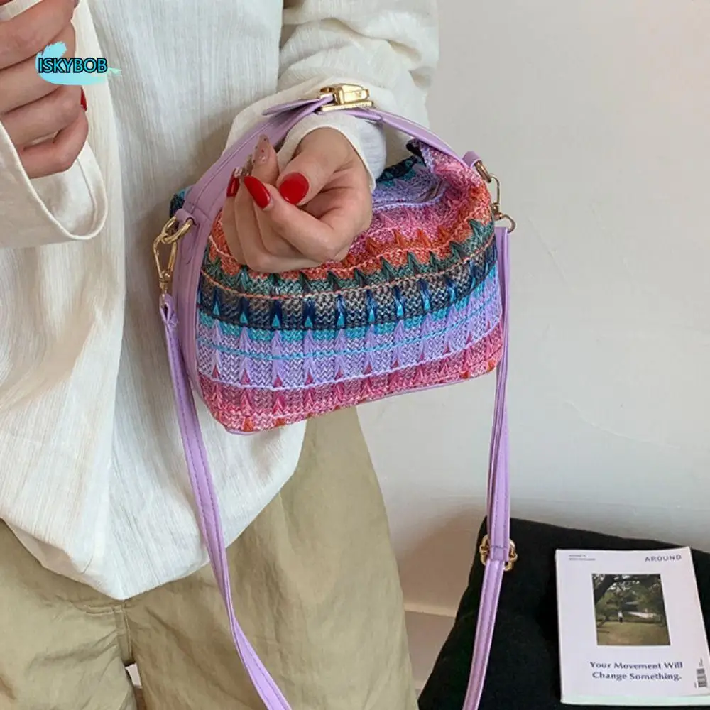 

Fashion Ethnic Style Weave Handbag Trendy Leisure Straw Crossbody Bag Square PU Leather Women Shoulder Bag Summer