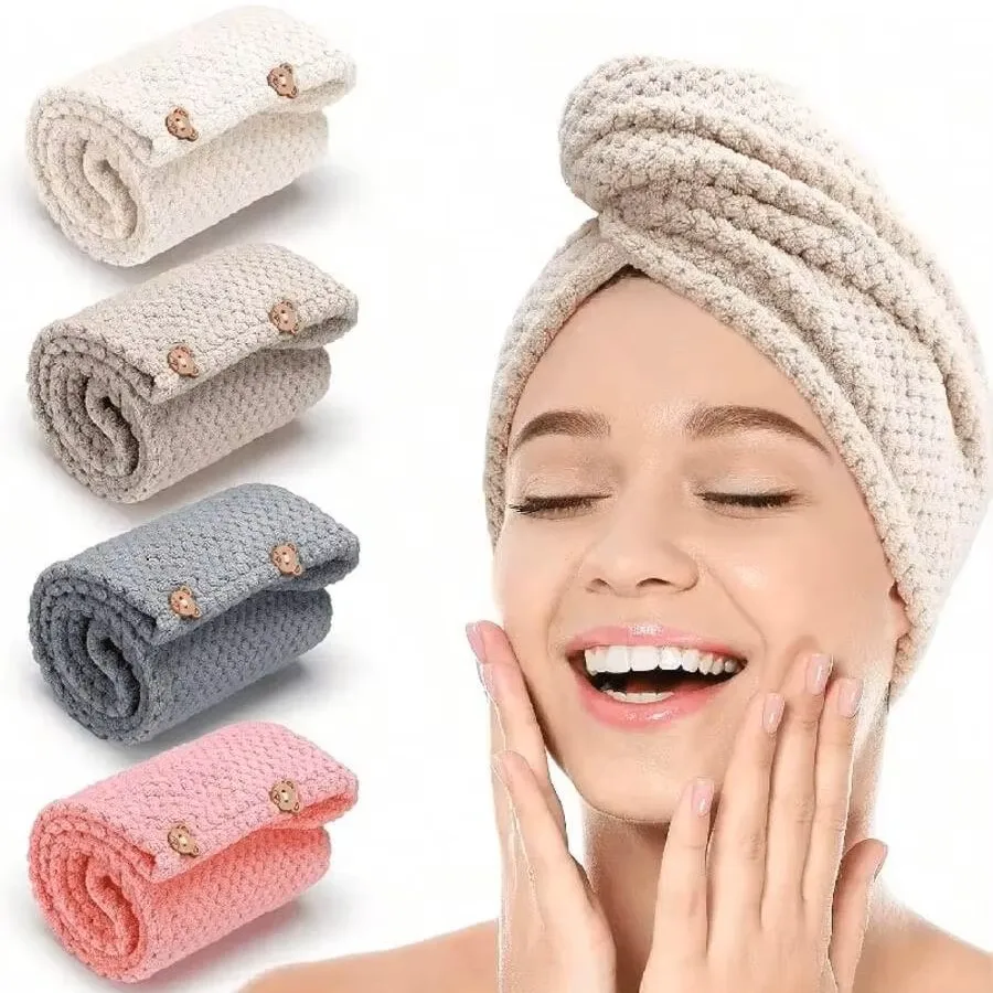 1Pc Quick Dry Microfiber Hair Drying Cap Women Absorbent Pineapple Coral Fleece Dry Hair Towel Wrap Turban with Button