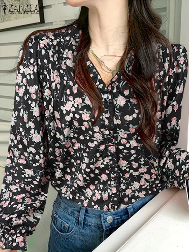 ZANZEA Women Floral Print Blouse Elegant Ruffled Puff Long Sleeve Tunic 2024 Summer V Neck Shirt Casual Loose Holiday Pleat Tops