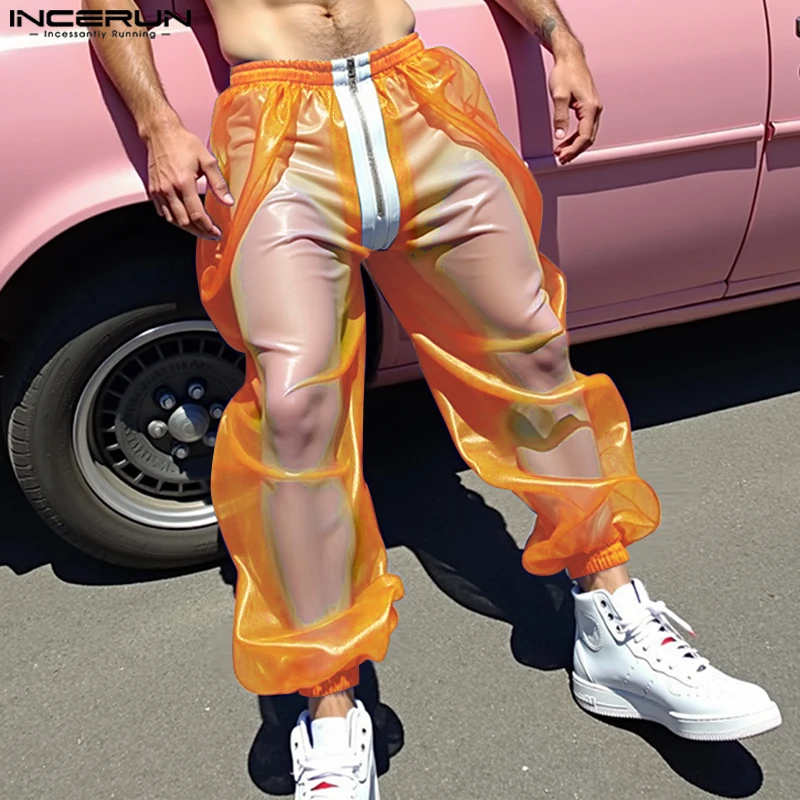 INCERUN الرجال السراويل شبكة المرقعة انظر من خلال سستة ركض مثير بنطلون الرجال الشارع الشهير 2025 كتلة اللون موضة الرجال السراويل الطويلة #3
