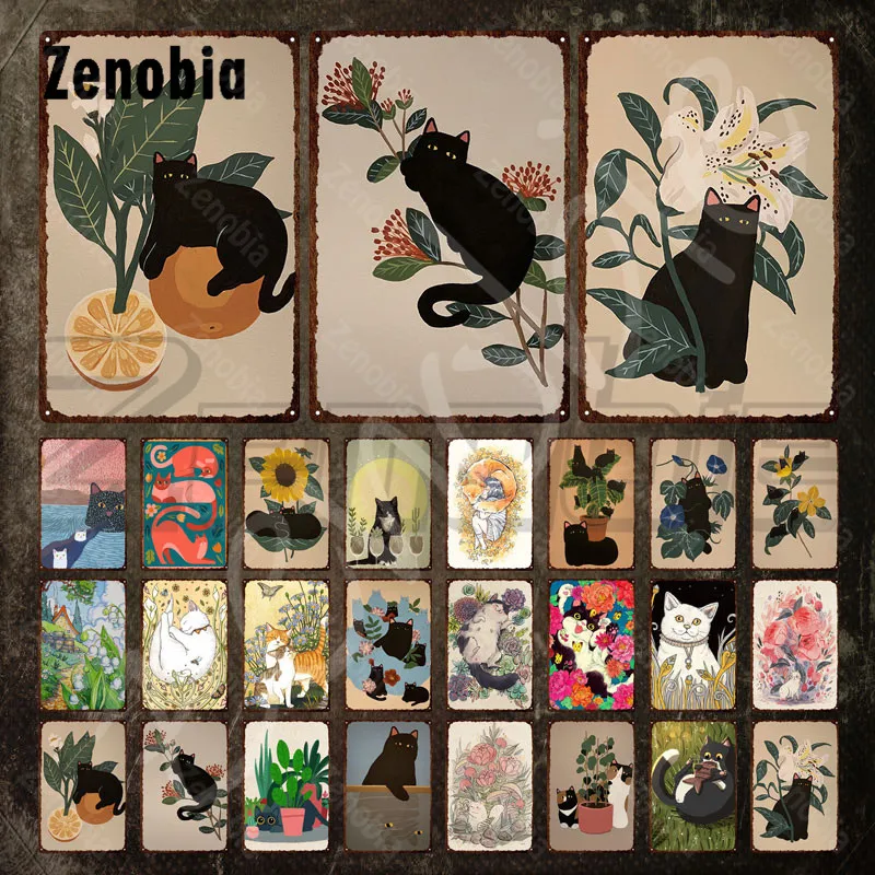 

Милый Кот, Оловянная вывеска, цветы и зеленые растения, черные кошки, металлический знак, животные, Наклейки на стены для украшения дома