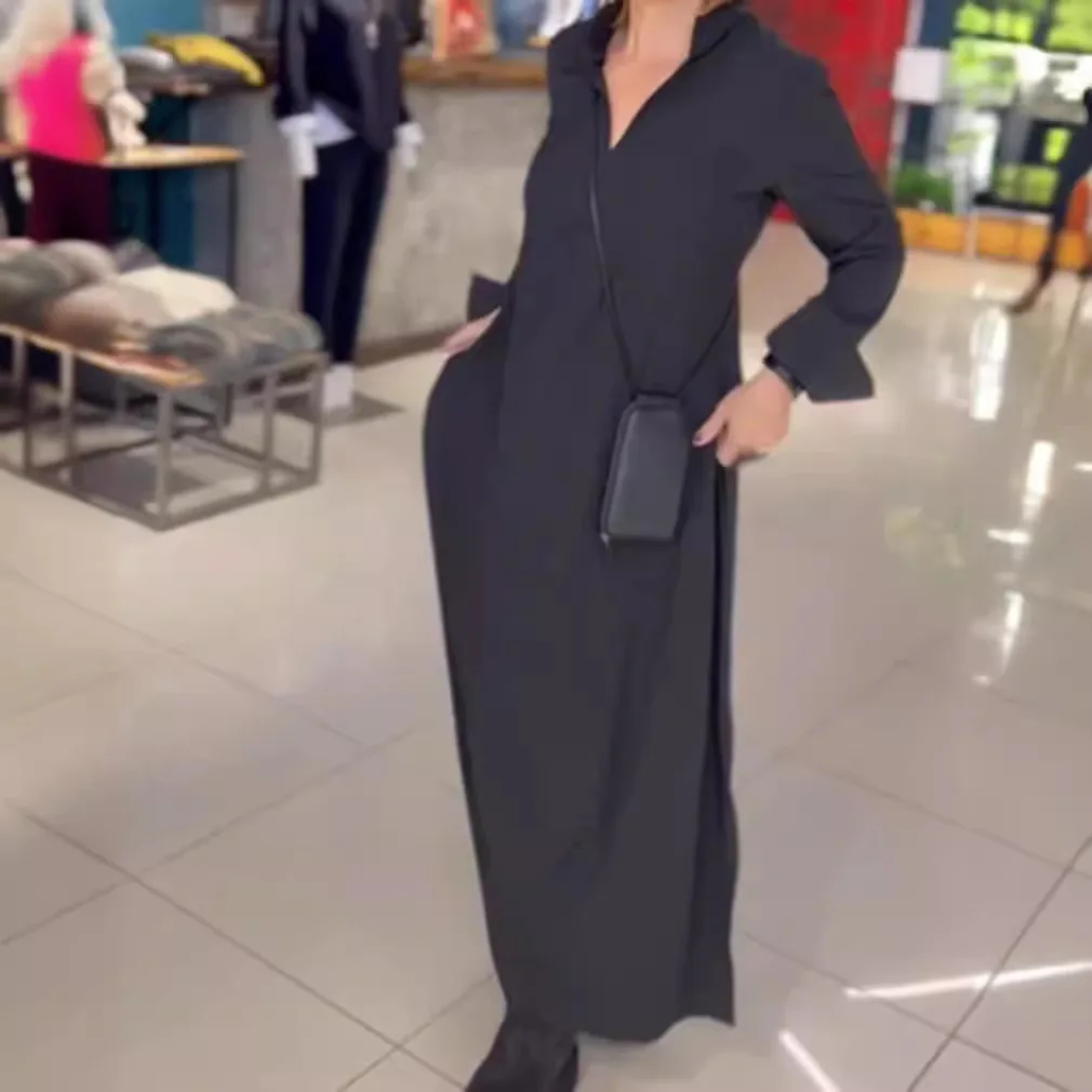 2024 Autumn Winter Solid Fashion Dress Female Elegant Long Sleeve Office Maxi Dresses Casual Women Loose Hem Pullover Robe