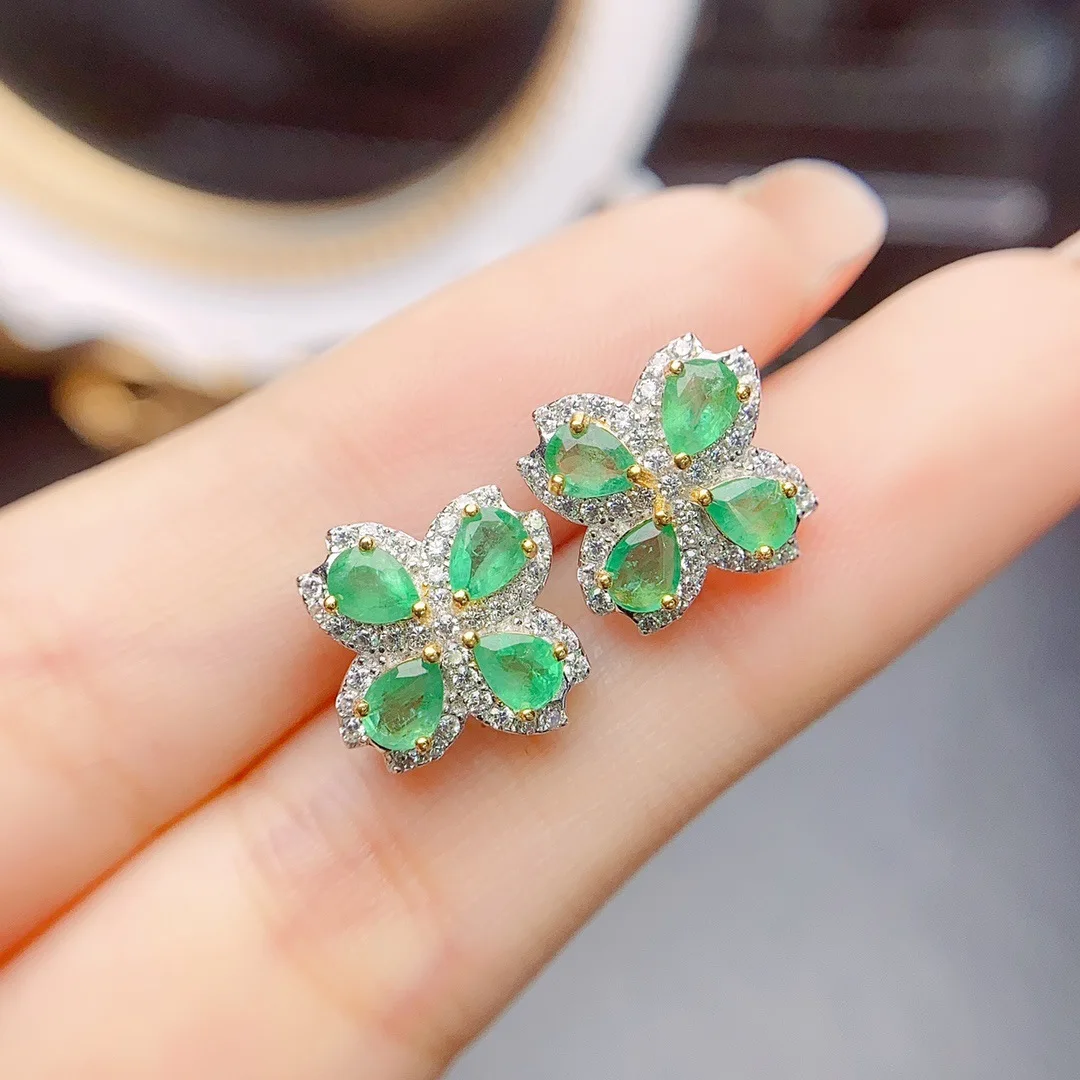 Natural Emerald Flower Stud Earrings 3x4mm Pear Cut 925 Silver Two-tone Plated Halo Pave Design Fine Jewelry for Women