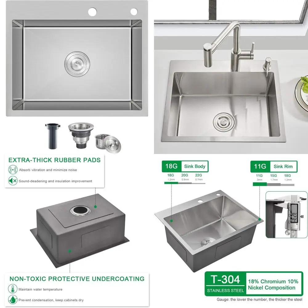 

Кухонная мойка премиум-класса с одной чашей 25x18 дюймов, глубина 9 дюймов, нержавеющая сталь T-304, матовая отделка, угловой радиус R10, вставная установка