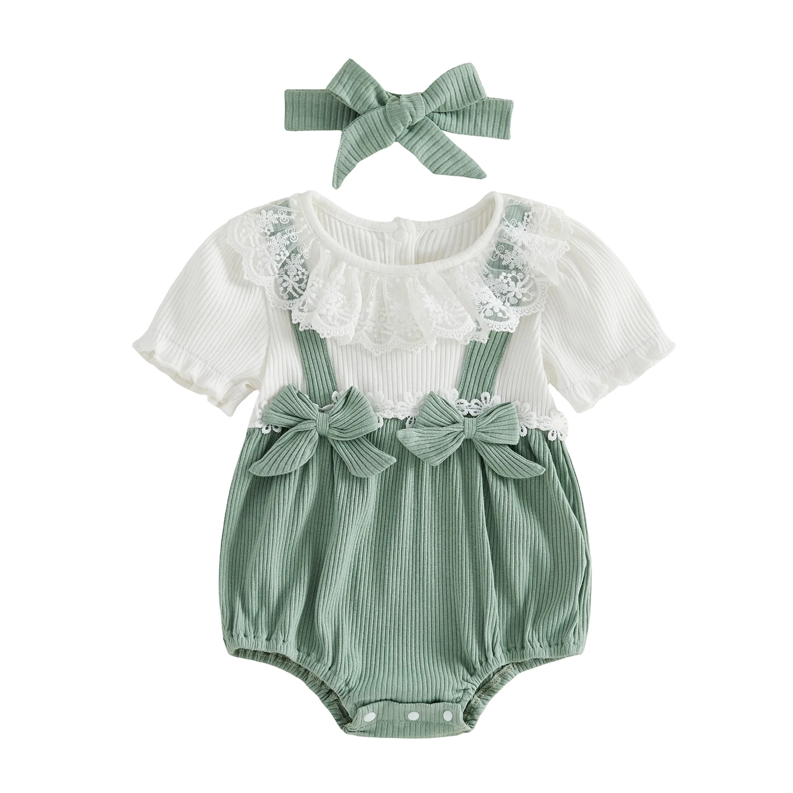 Baby Girl Round Neck Lace Trim Short Sleeve Romper Triangle Dress with Headband Infant Clothing Set