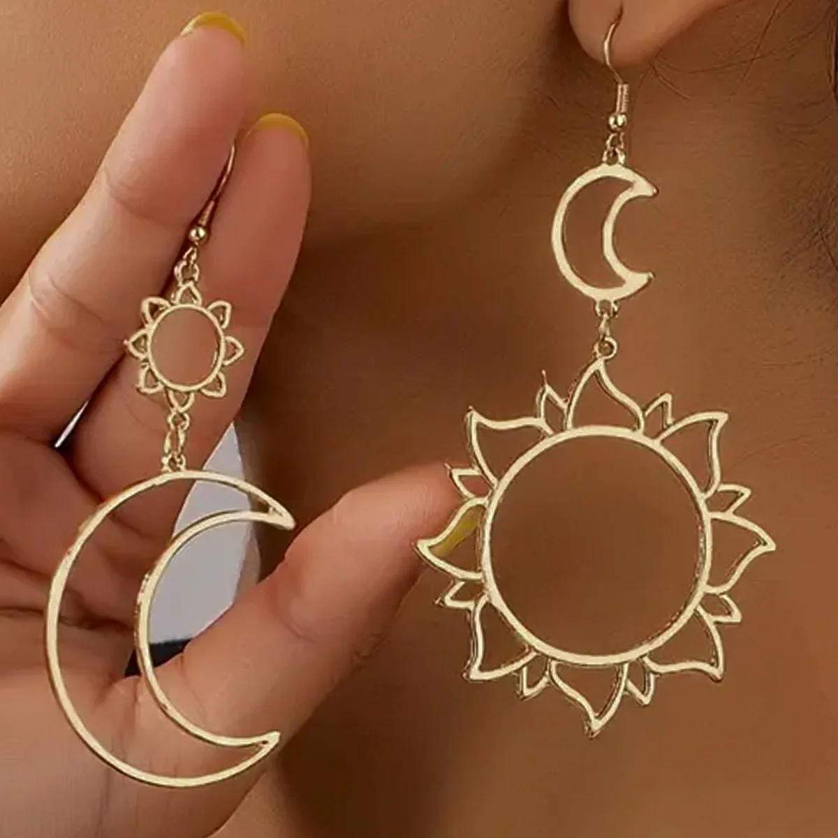

Sun and Moon Element Metal Dangle Earrings Vintage Drop Earrings