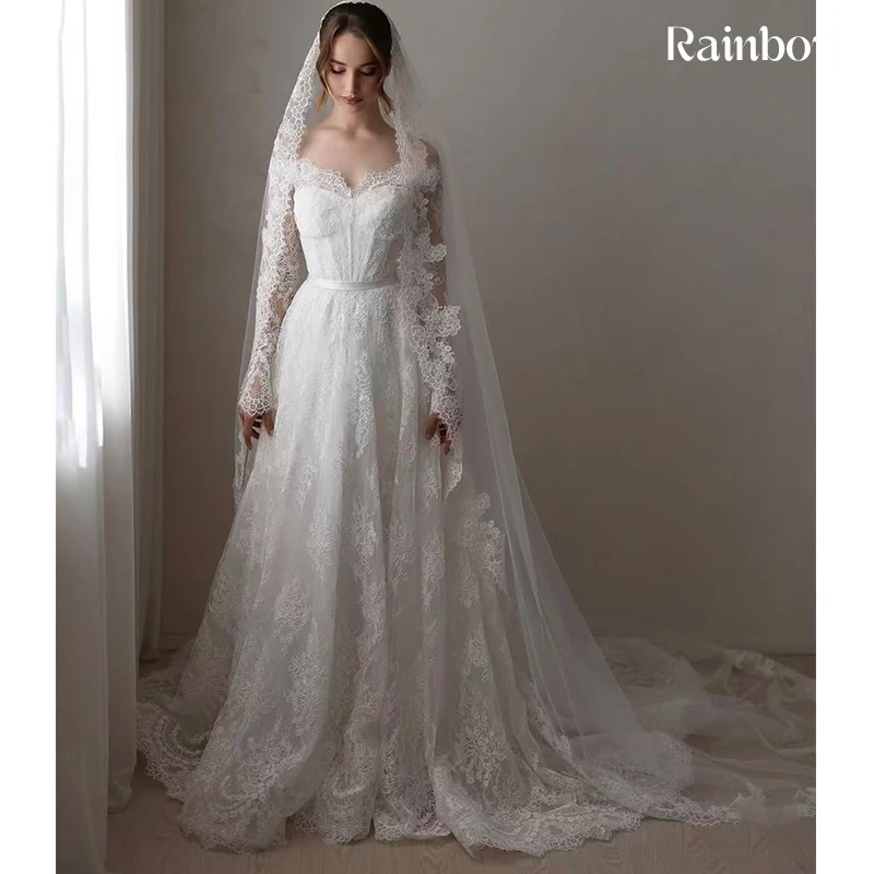 

Fully Embroidered Lace Wedding Dress Exquisite A-Line Ball Gown High-Neck Full Sleeve Customized Bride Muslim Vestido De Novia