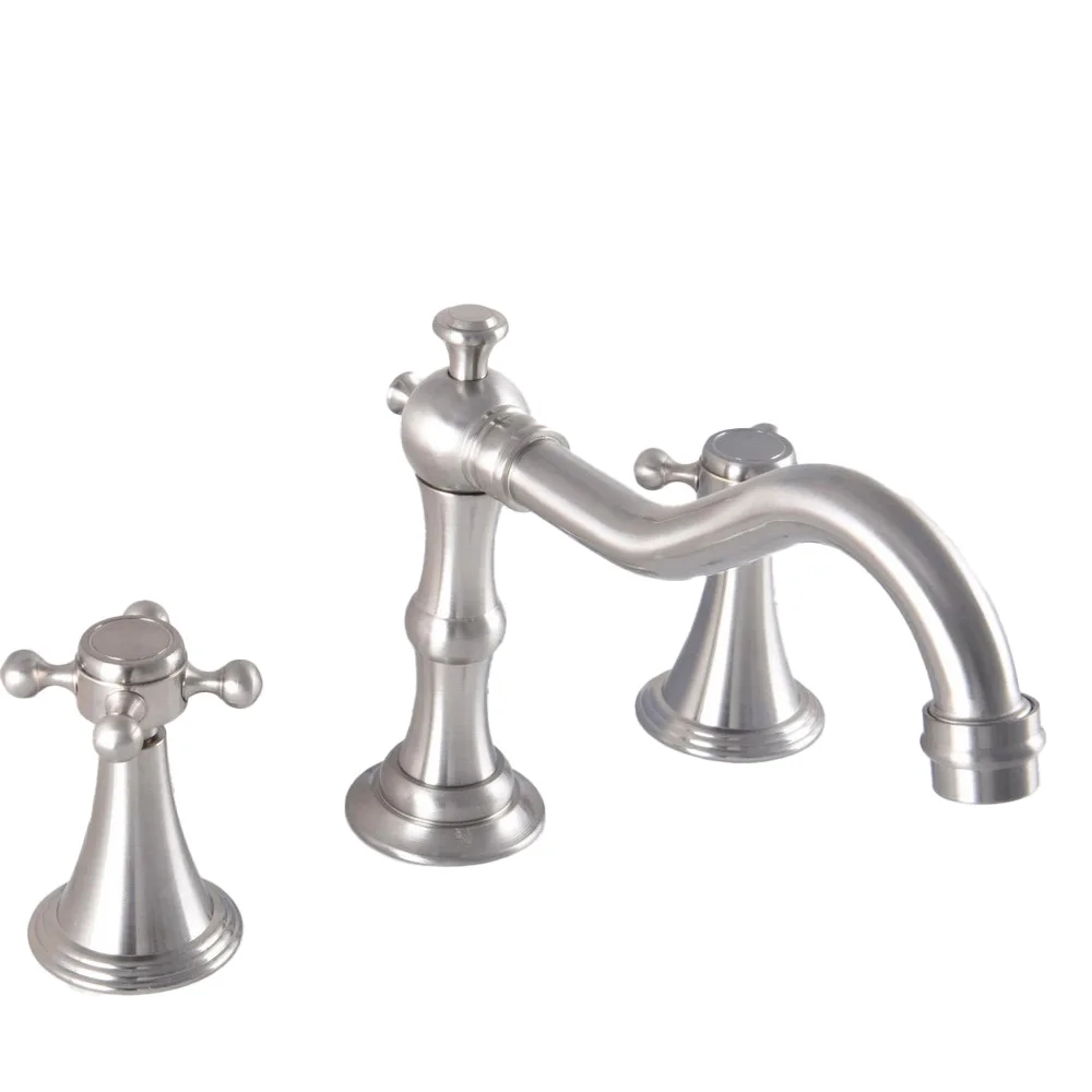 

Brushed Nickel Dual Handle Bathroom Faucet Deck Mounted 3 Install Holes Hot and Cold Water Lavatory Sink Taps Lnf687