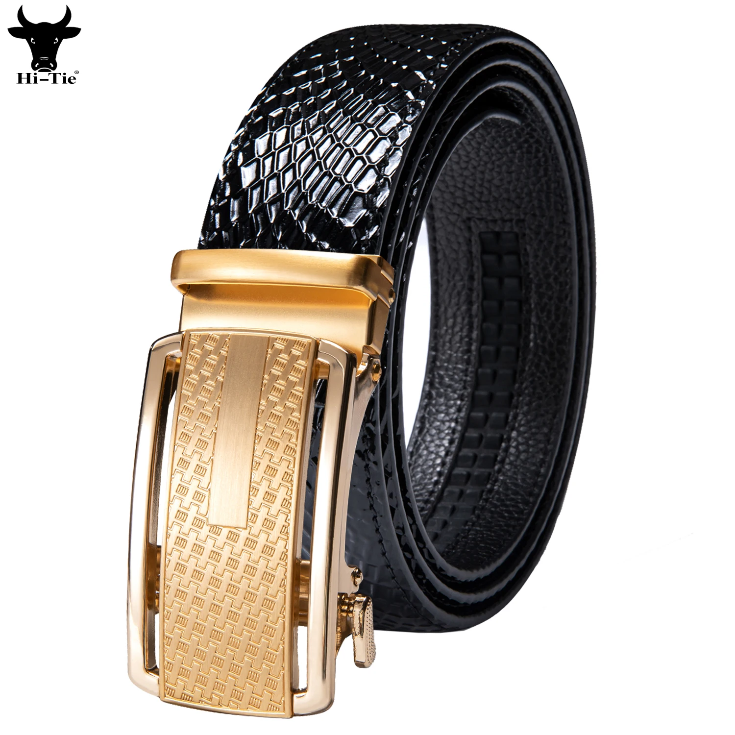 

Stylish Mens Black Leather Belts Emboss Strap Ratchet Waistband Automatic Buckles Sliding Dress Jeans Belt for Men Casual Formal