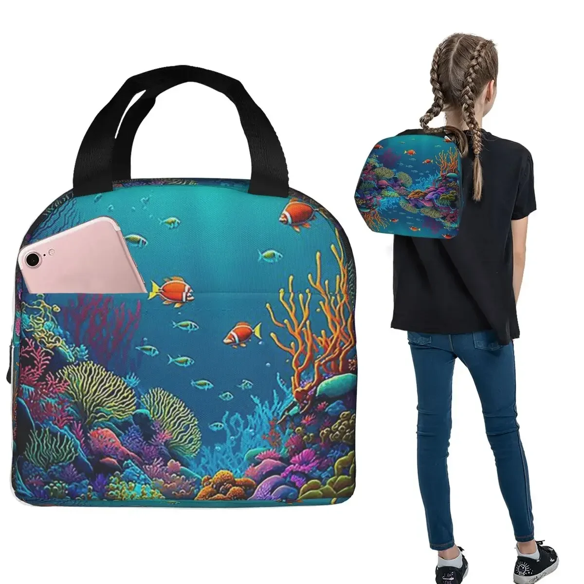 Tropical Fishes Corals And Corals And Tropical Fish Insulated Lunch Bag for Women Kids Food Boxes Thermal Lunch Box Tote