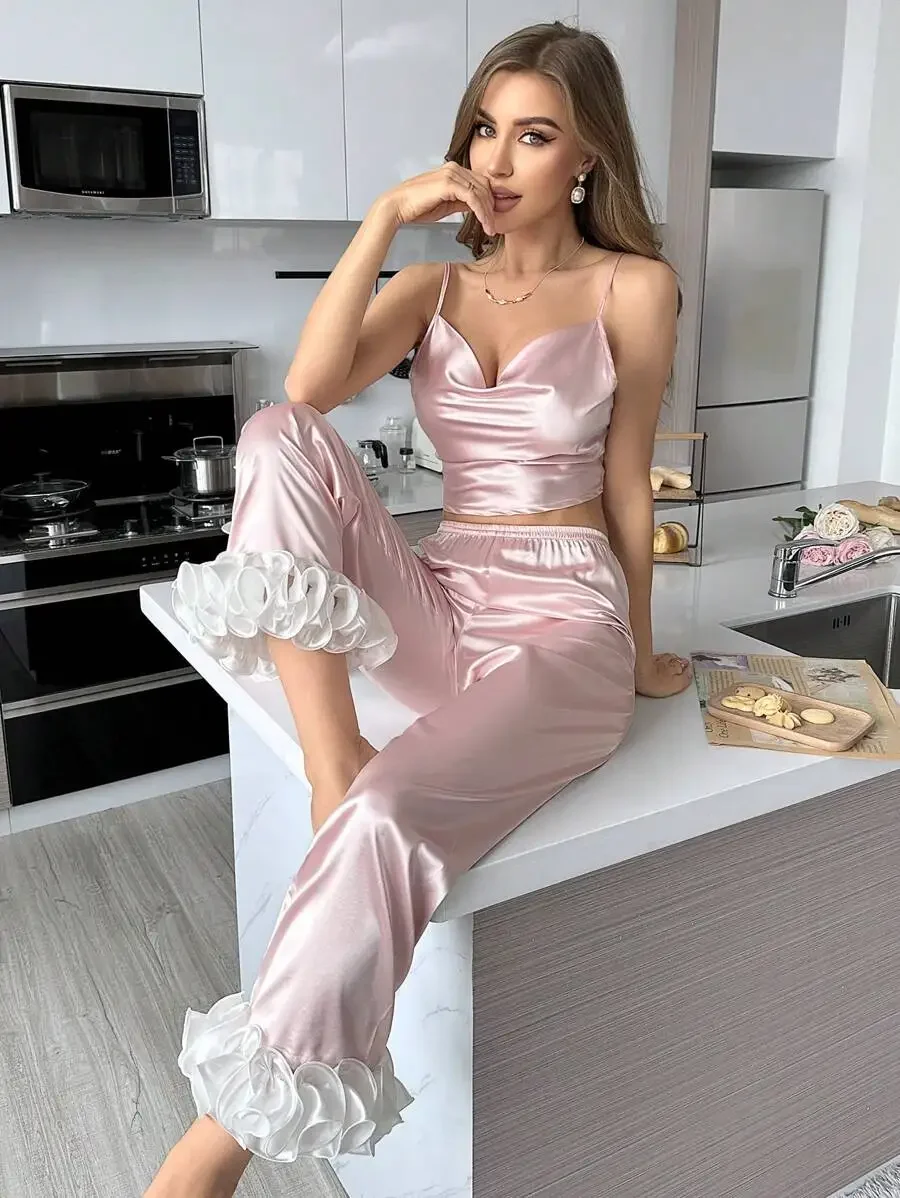 Women's Satin Cami Top and Ruffled Cuff Pants Pajama Set