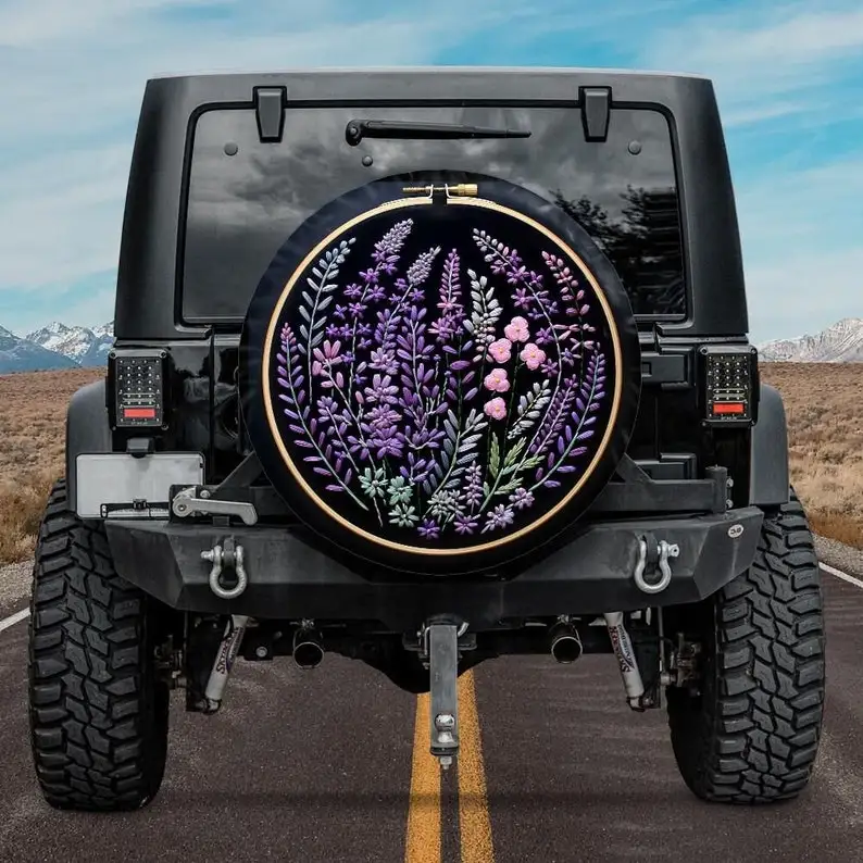 Faux Embroidery Spare Tire Cover, Botanical Tire Cover with lavender flowers, Unique Spare Tire Covers Backup Camera Hole, purpl