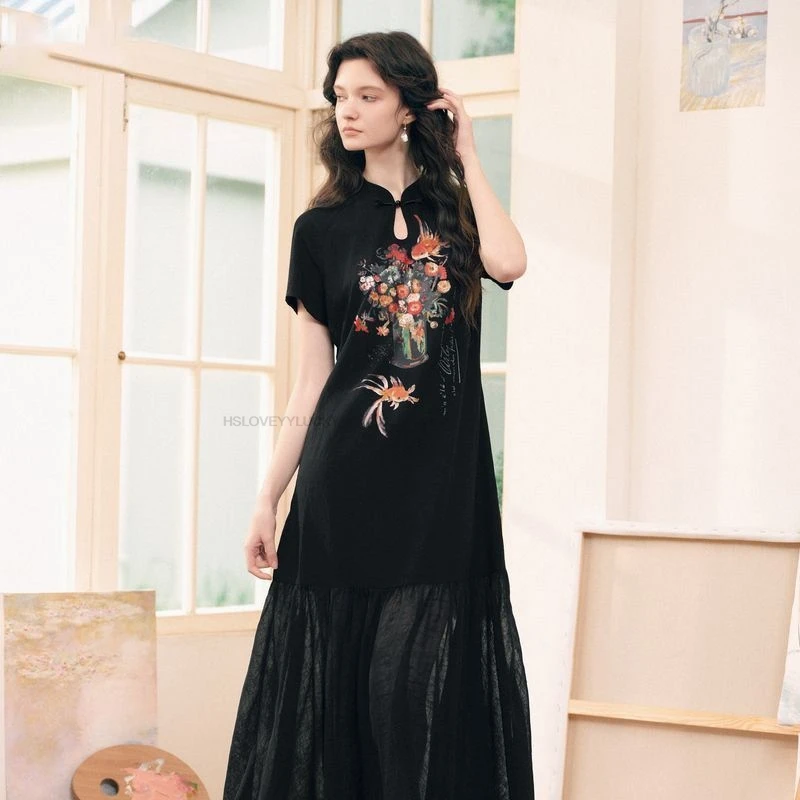 Summer New Chinese Style Mesh Patchwork Printed Frog Button Dress Women Floral Cheongsam Dress Women Elegant Ao Dai Dress