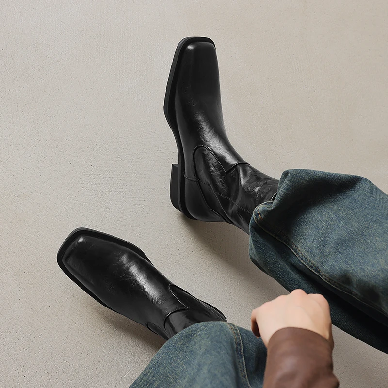 

2026 новые осенне-зимние женские ботильоны из натуральной кожи высотой 22-25 см, сапоги в стиле вестерн с квадратным носком, короткие сапоги на толстом каблуке